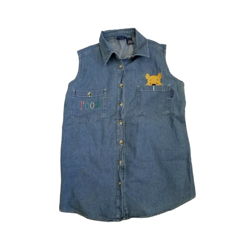 Vintage 90s Womens Winnie The Pooh Denim Chambray Sleeveless Buttonup Shirt LG - Picture 2 of 12